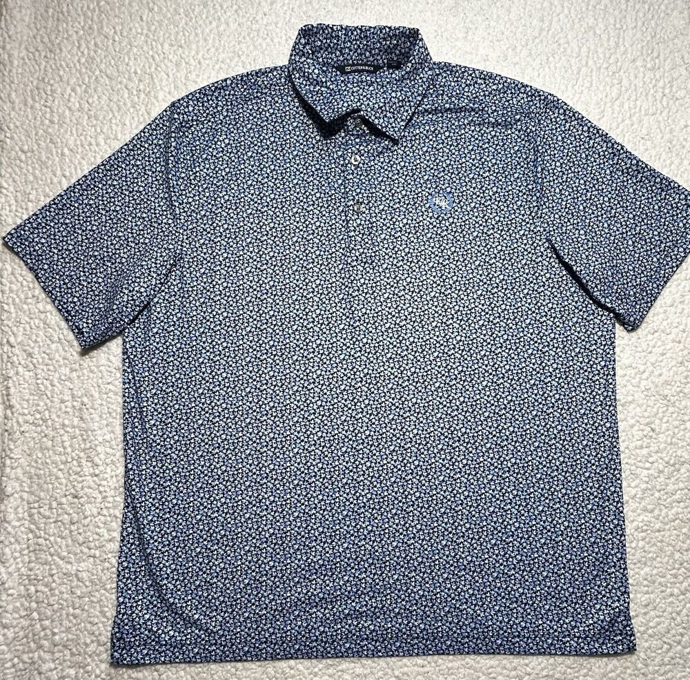 Cutter & Buck Mens XL Blue Floral Leaf Ditsy Print Button Down Golf Shirt TG